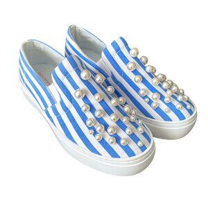 Zara Womens Canvas Slip-On Shoes w/ Blue White Stripes & Pearl Details - Size 5